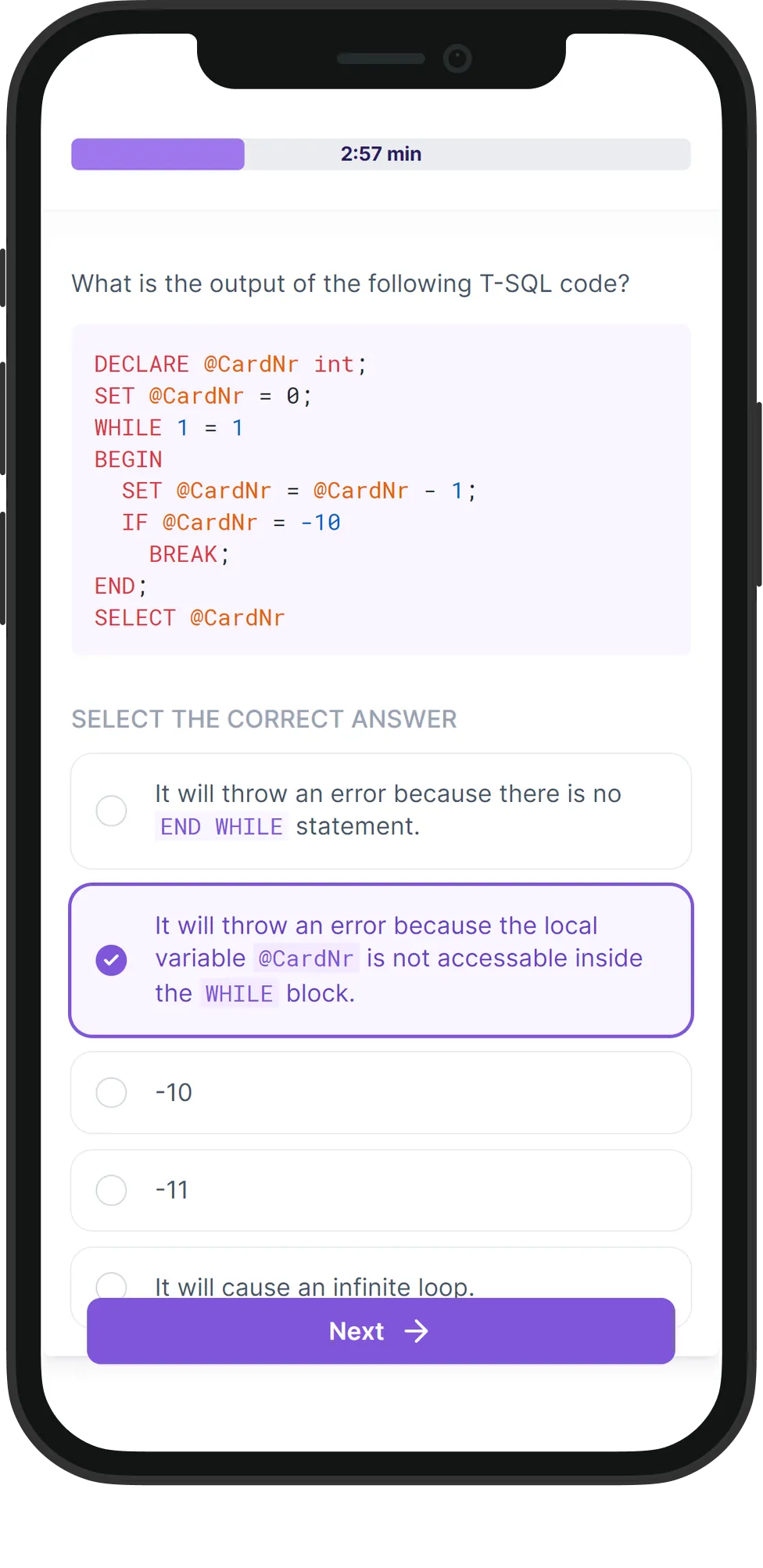 Mobile MS SQL/T-SQL skill assessment