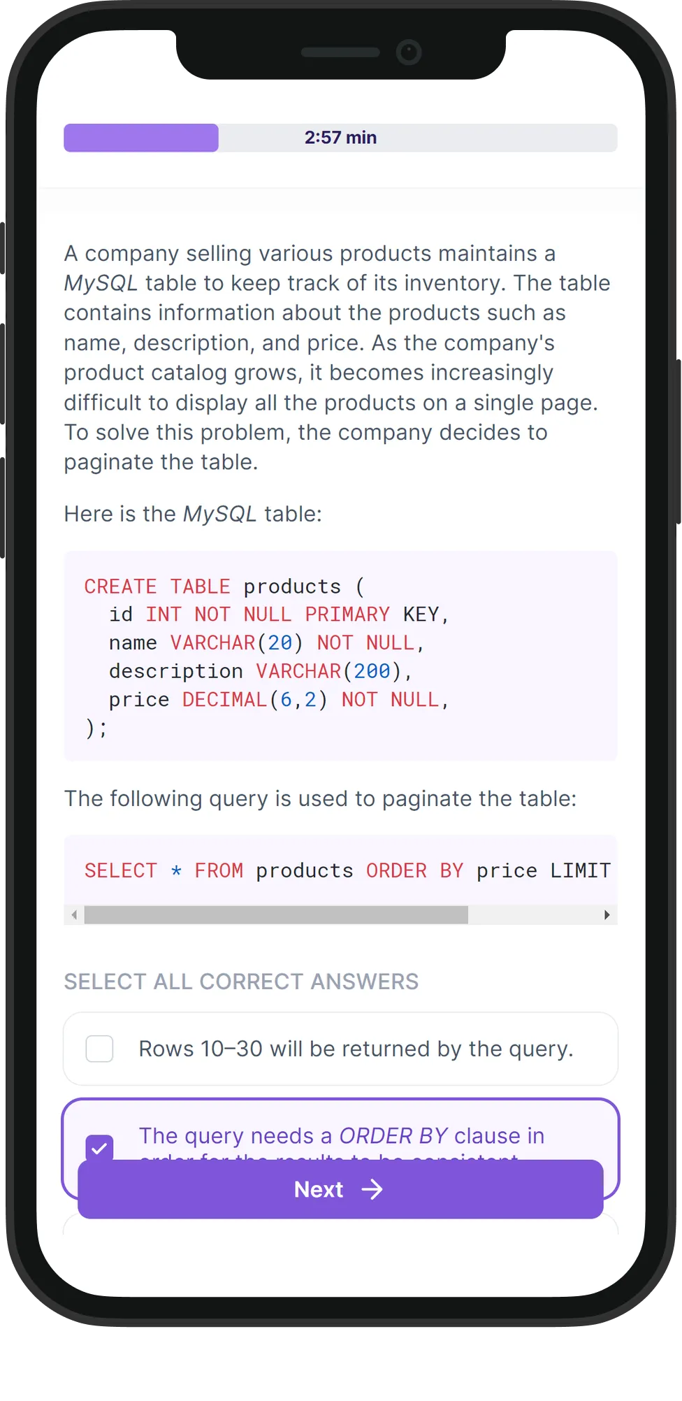 Mobile MySQL skill assessment