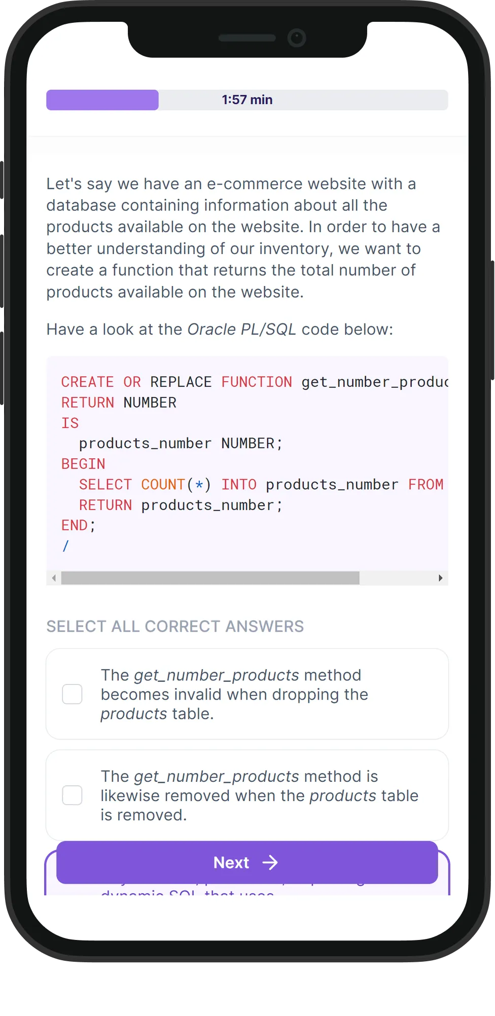 Mobile Oracle PL/SQL skill assessment