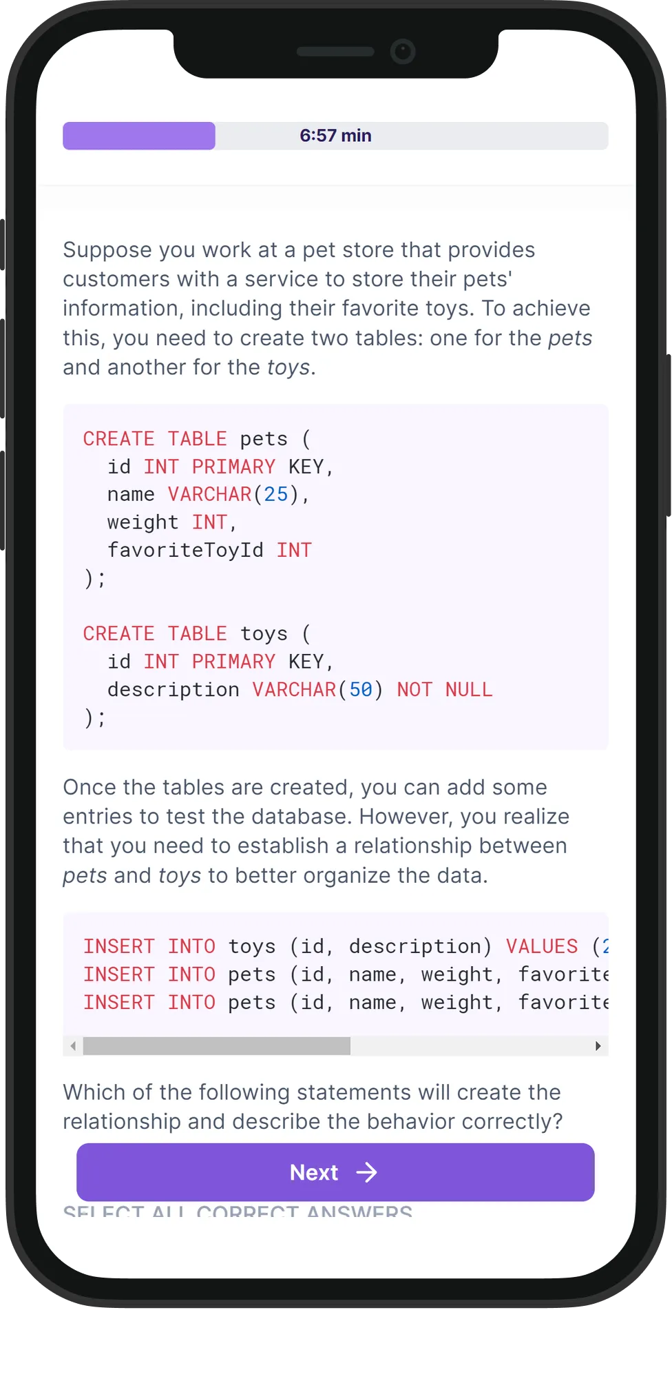 Mobile SQL skill assessment